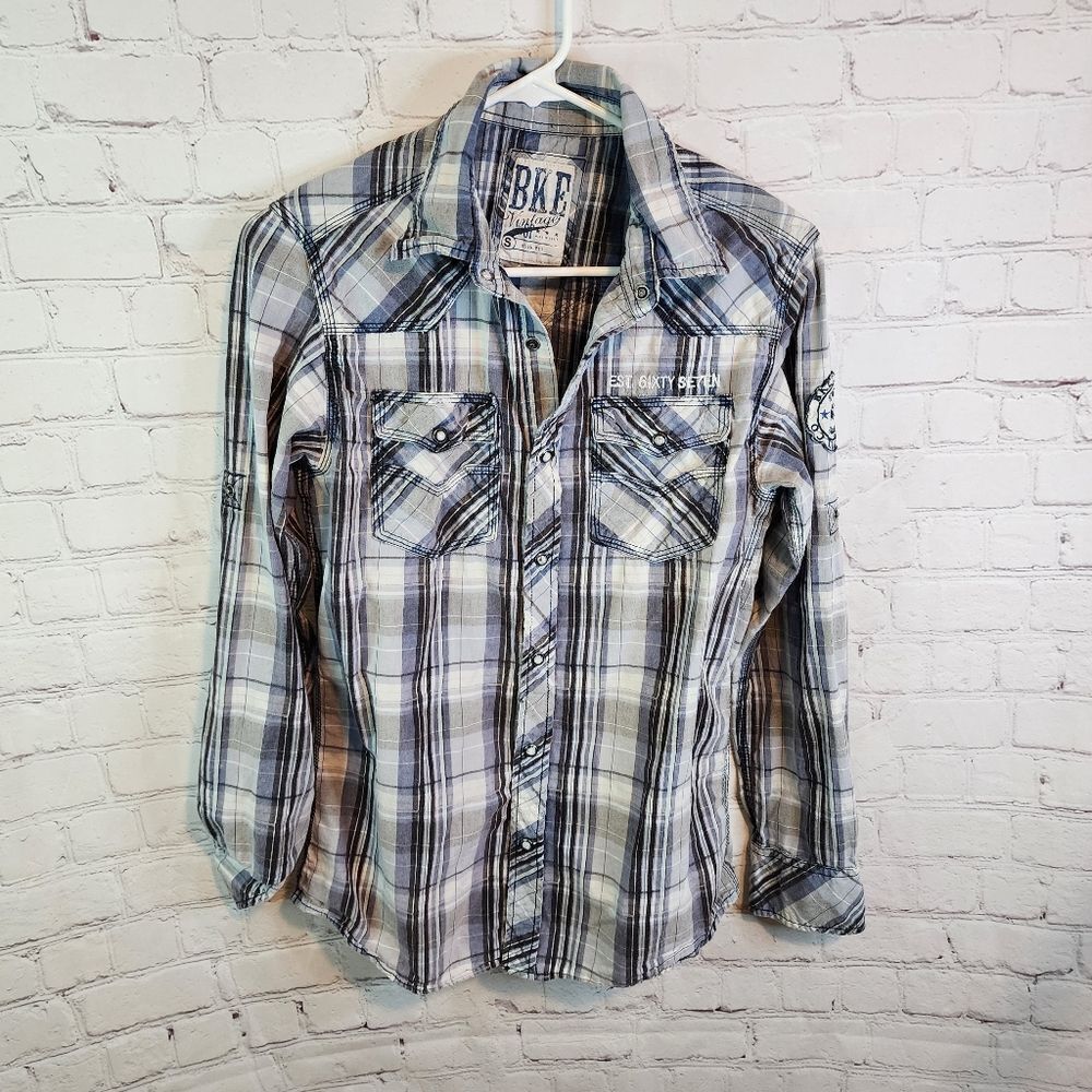 BKE Plaid Button-Down Shirt in White, Black, Gray